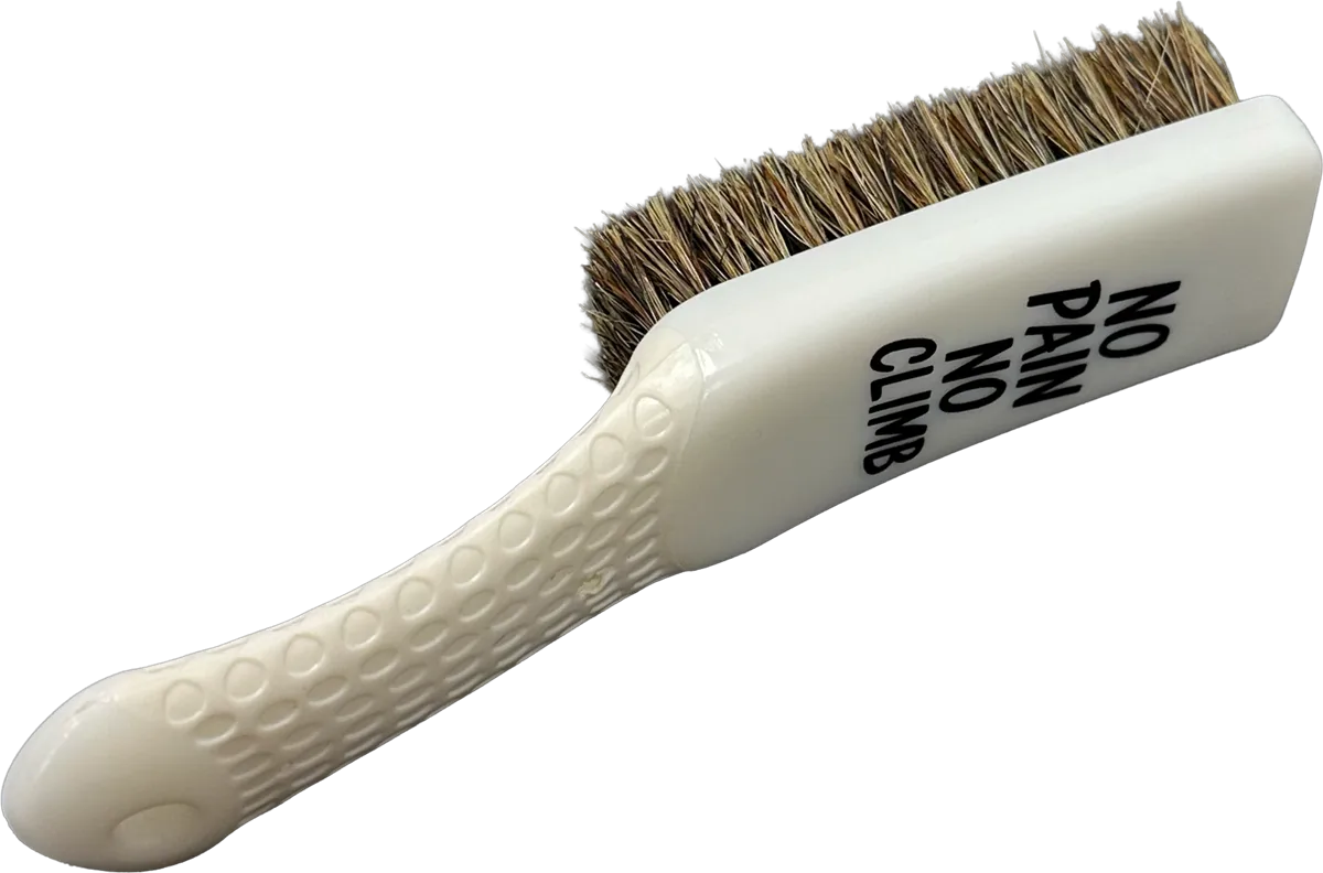 White No Pain No Climb hand brush with natural bristles